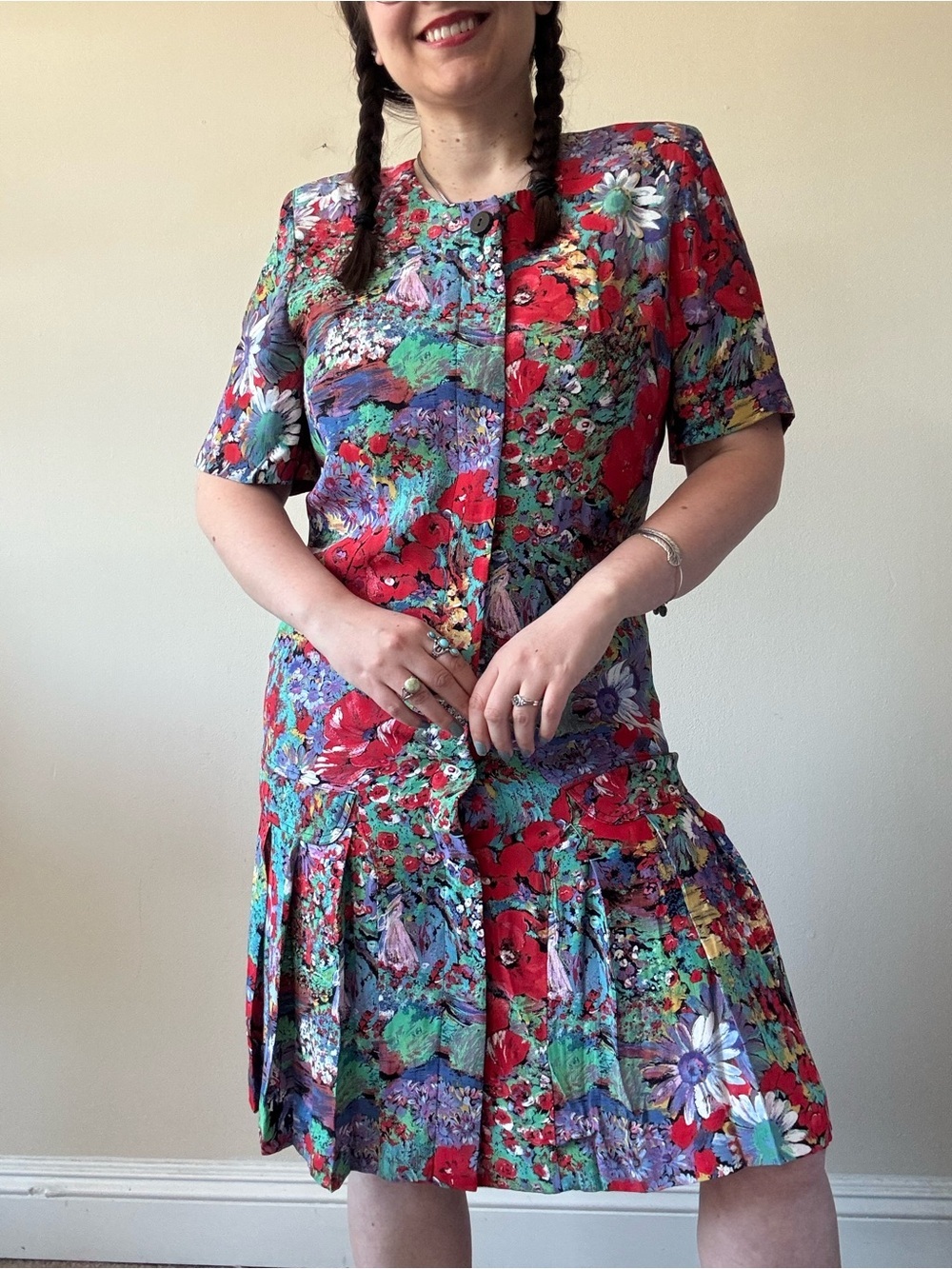 Vintage Liz Claiborne Red Multicolor Floral Button-Front Midi Dress